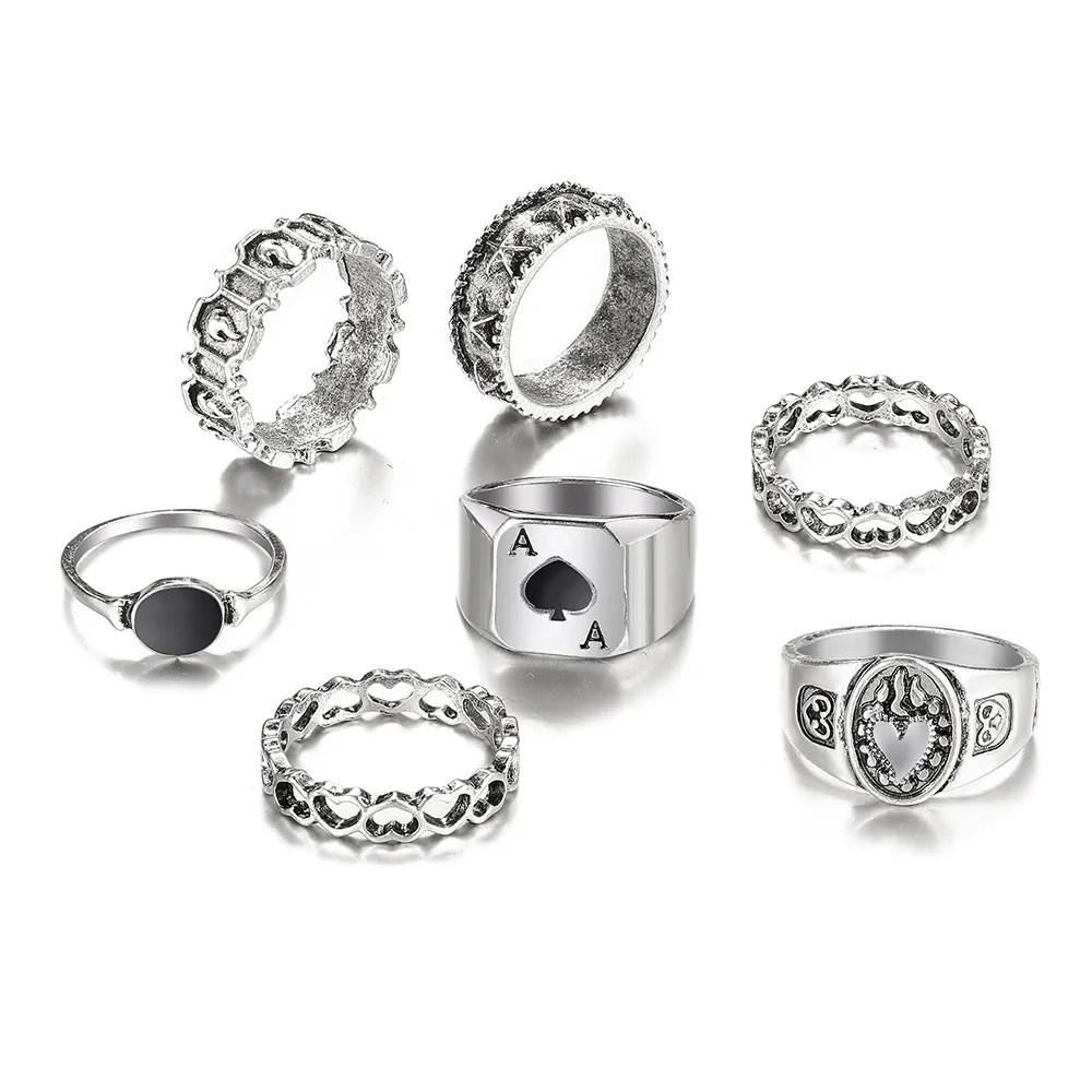 7 Piece Silver Boho Rhinestone Ring Set