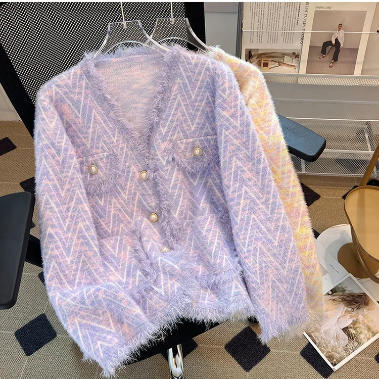 Thumbnail of Fringed V-Neck Knit Cardigan with Pearl Buttons