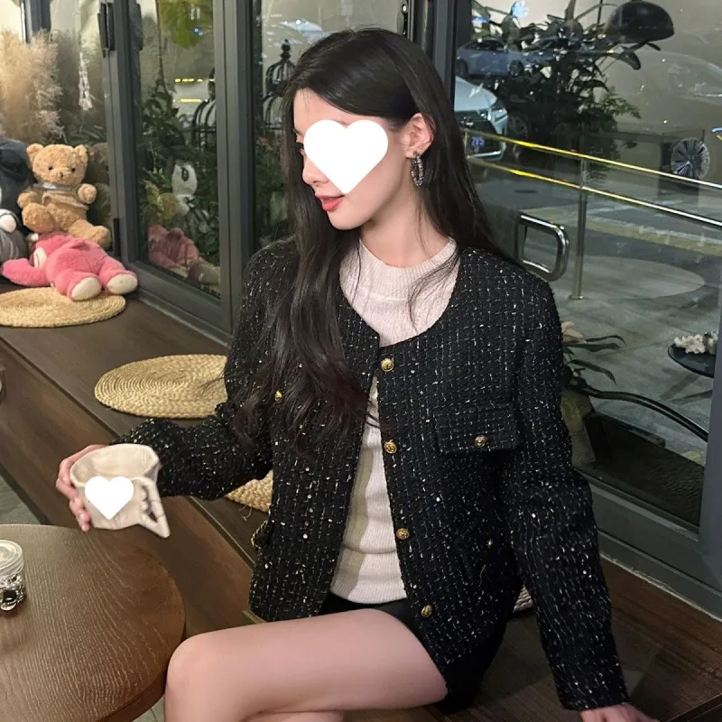 Elegant Black Tweed Jacket Gold Buttons