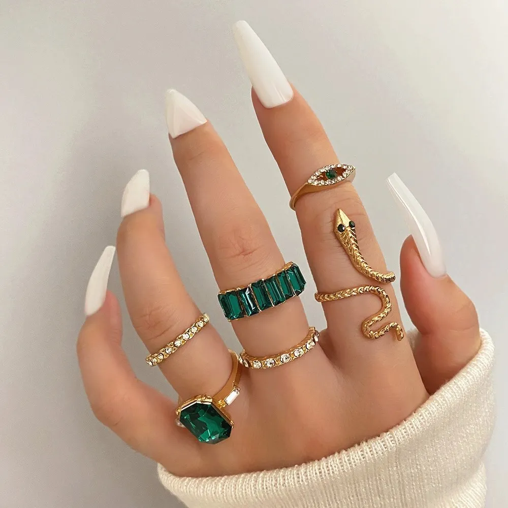 Green Crystal Snake Ring Set