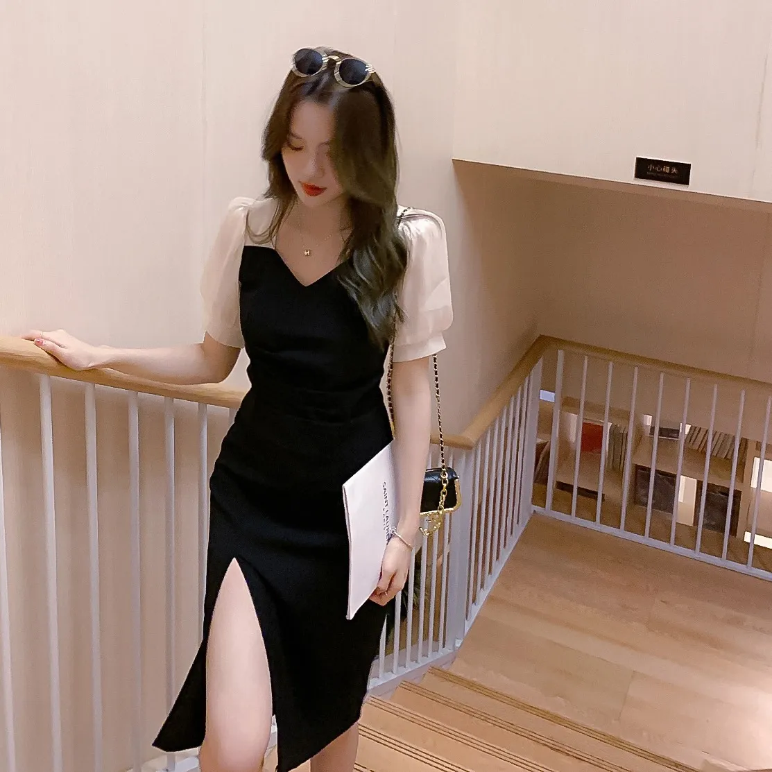 Elegant Black and White Short Sleeve Party Dress