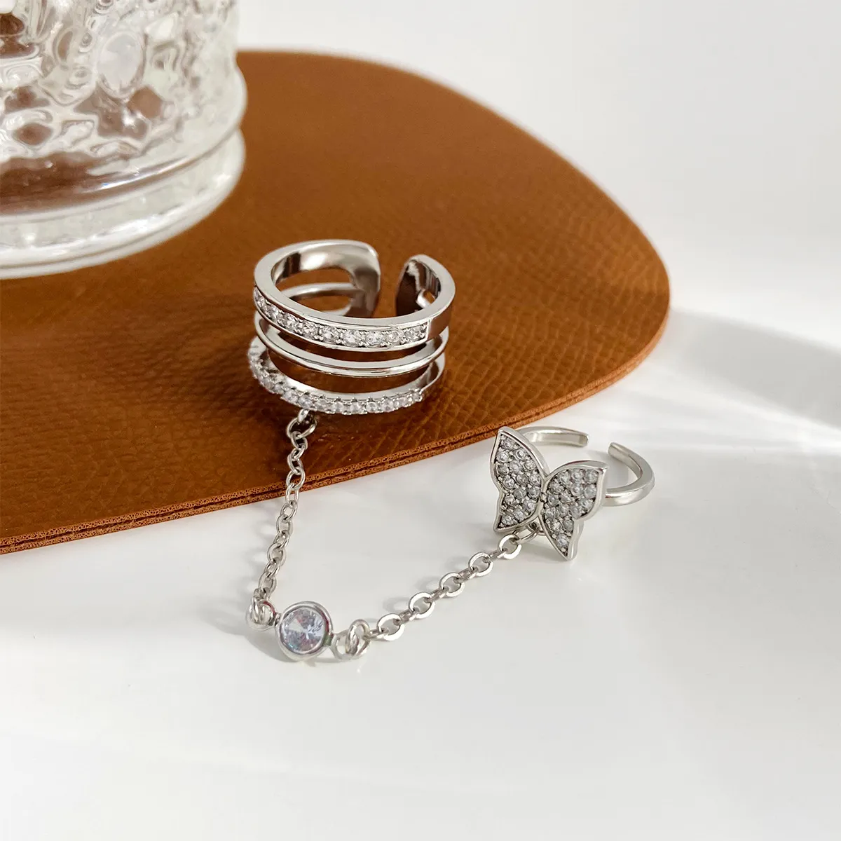 Silver Cross Chain Crystal Ring Set