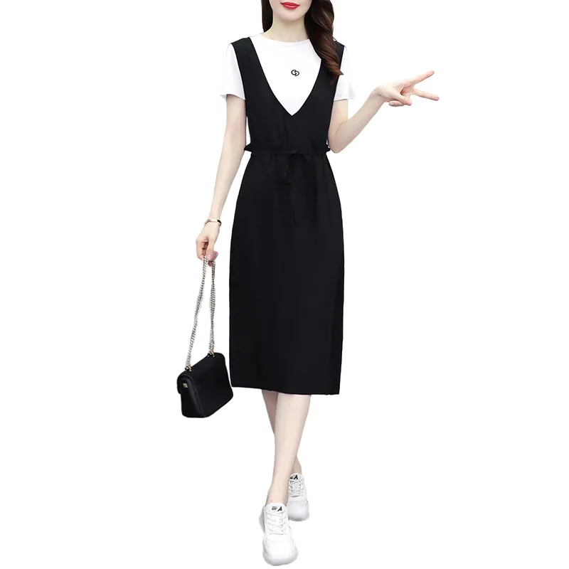Casual Black Color Drawstring Closure Two Piece Midi Dress