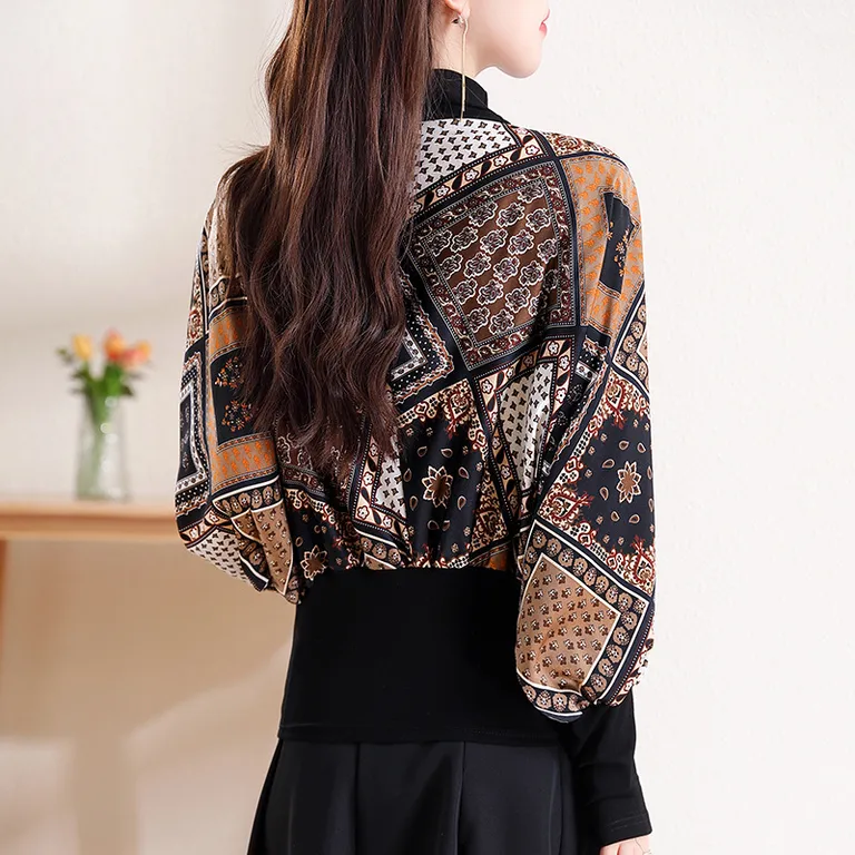 Thumbnail of Stylish Multi Design Pattern High Neck Long Sleeve Blouse Top