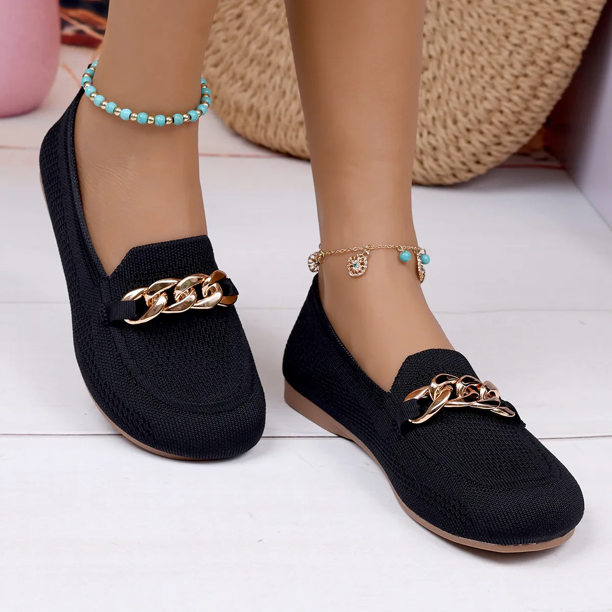 Women Braid Chain Slip On Flat Shoes