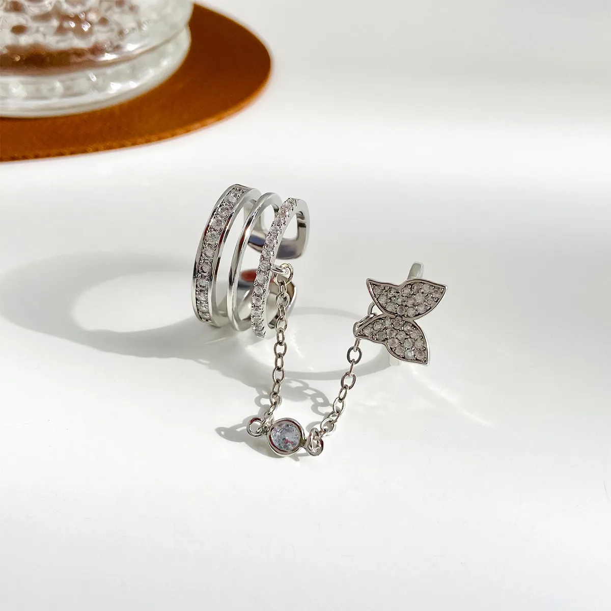 Silver Cross Chain Crystal Ring Set