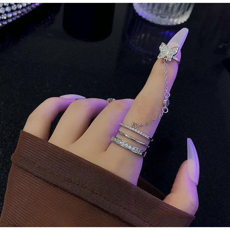 Silver Cross Chain Crystal Ring Set