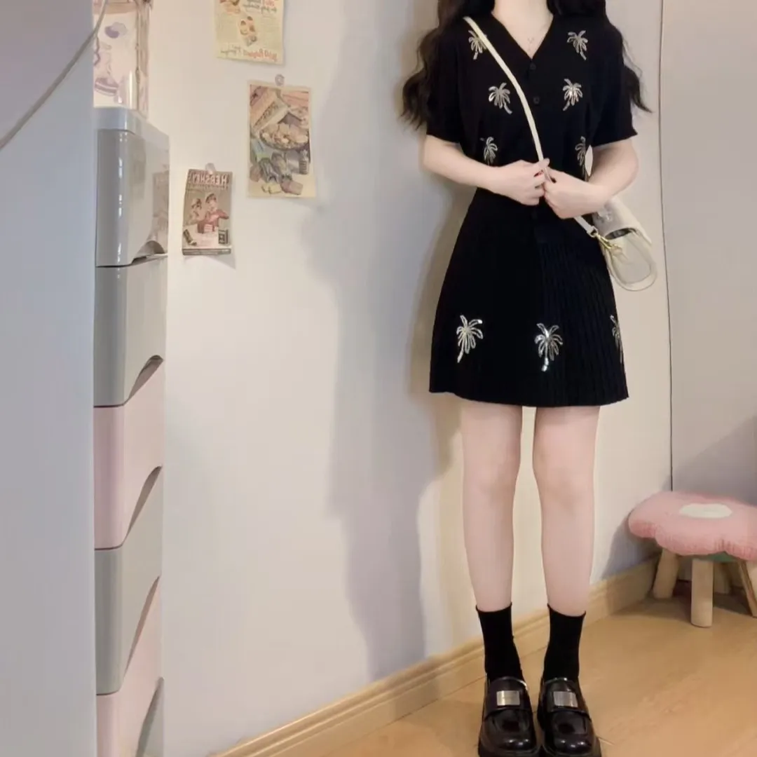 Black Ribbed Knit Co-ord Set Palm Tree Design