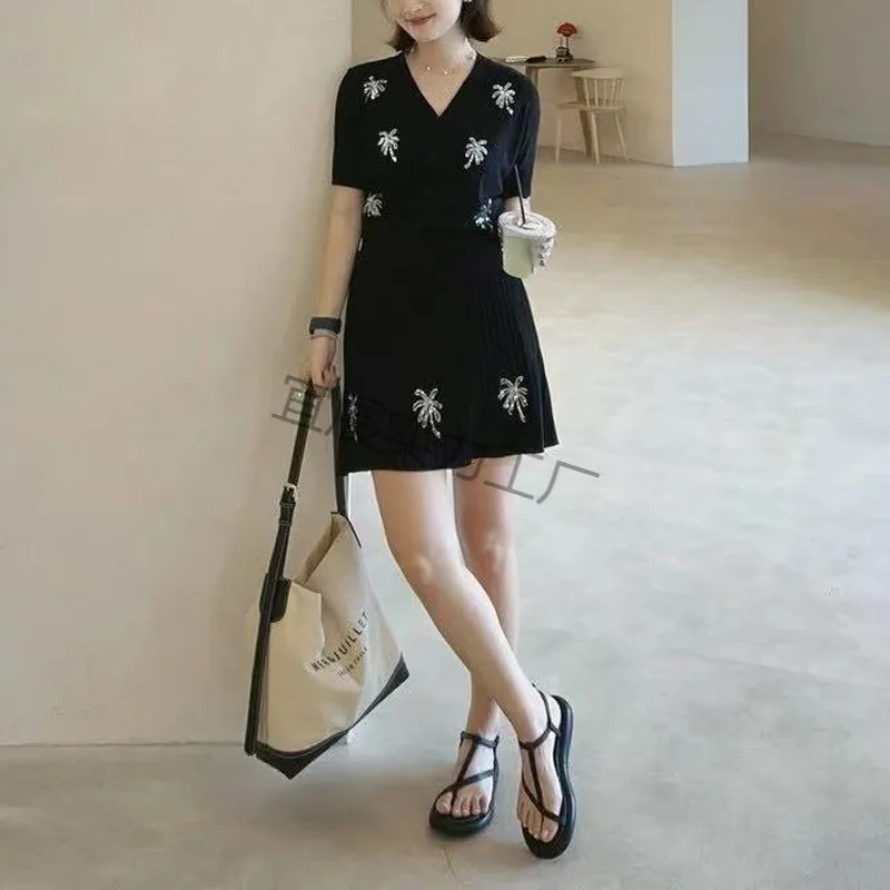 Black Ribbed Knit Co-ord Set Palm Tree Design