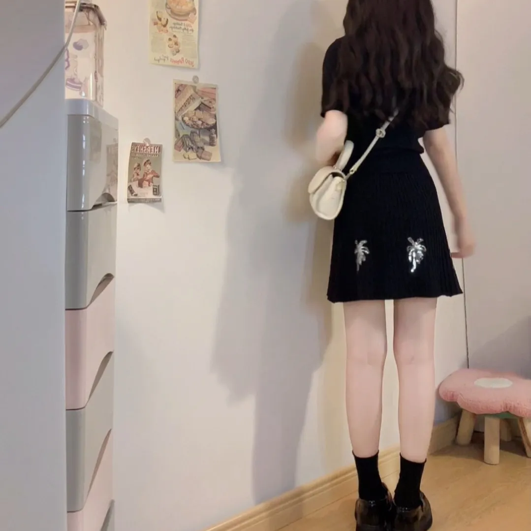 Black Ribbed Knit Co-ord Set Palm Tree Design