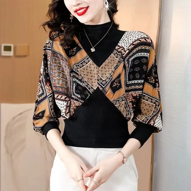 Stylish Multi Design Pattern High Neck Long Sleeve Blouse Top