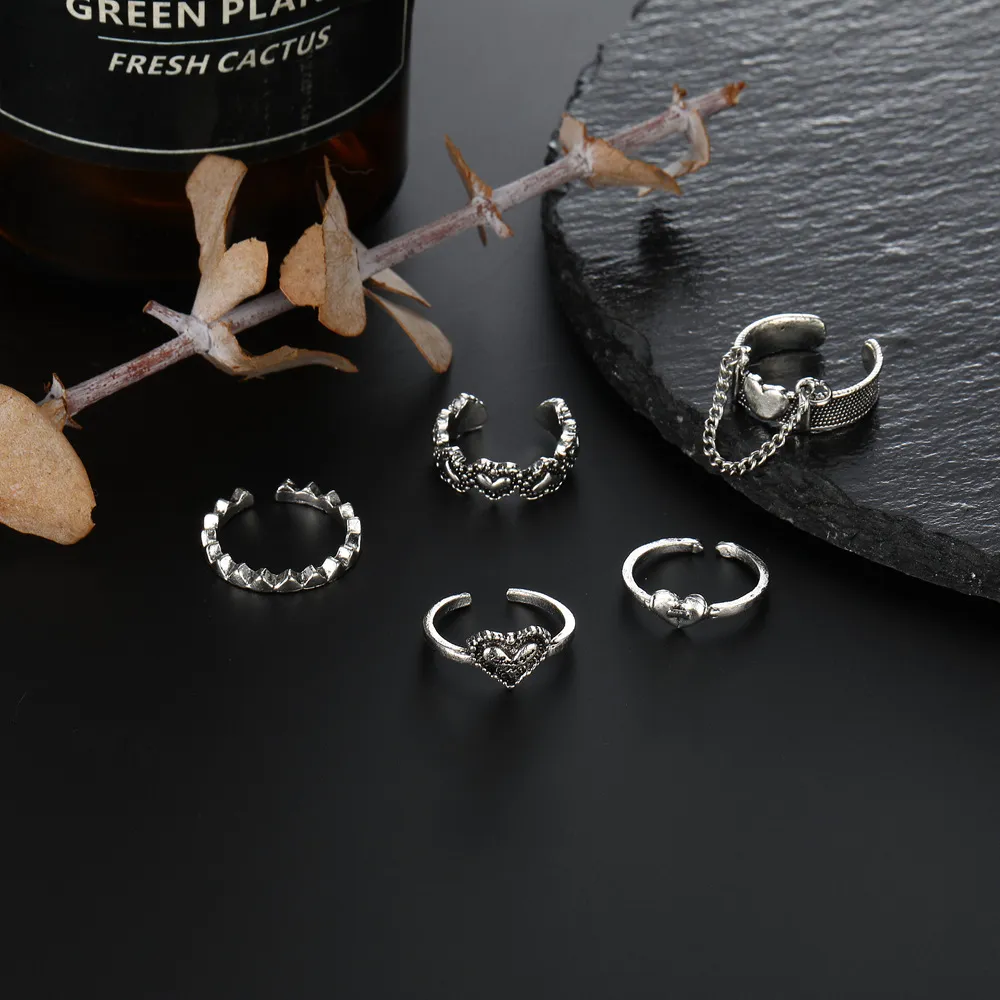 5 Pieces Silver Plated Bohemian Ring Set