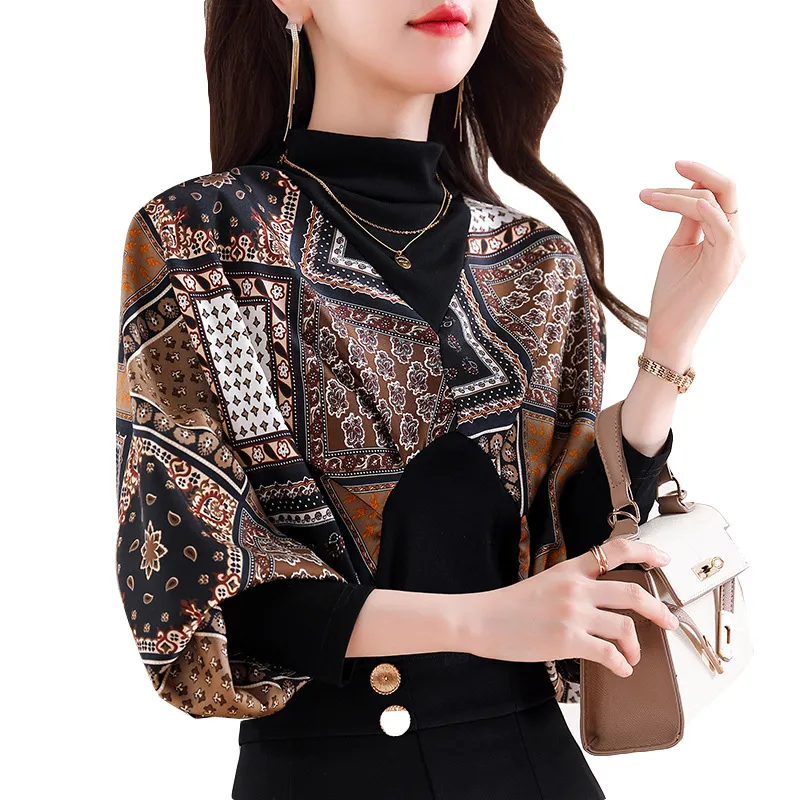 Stylish Multi Design Pattern High Neck Long Sleeve Blouse Top