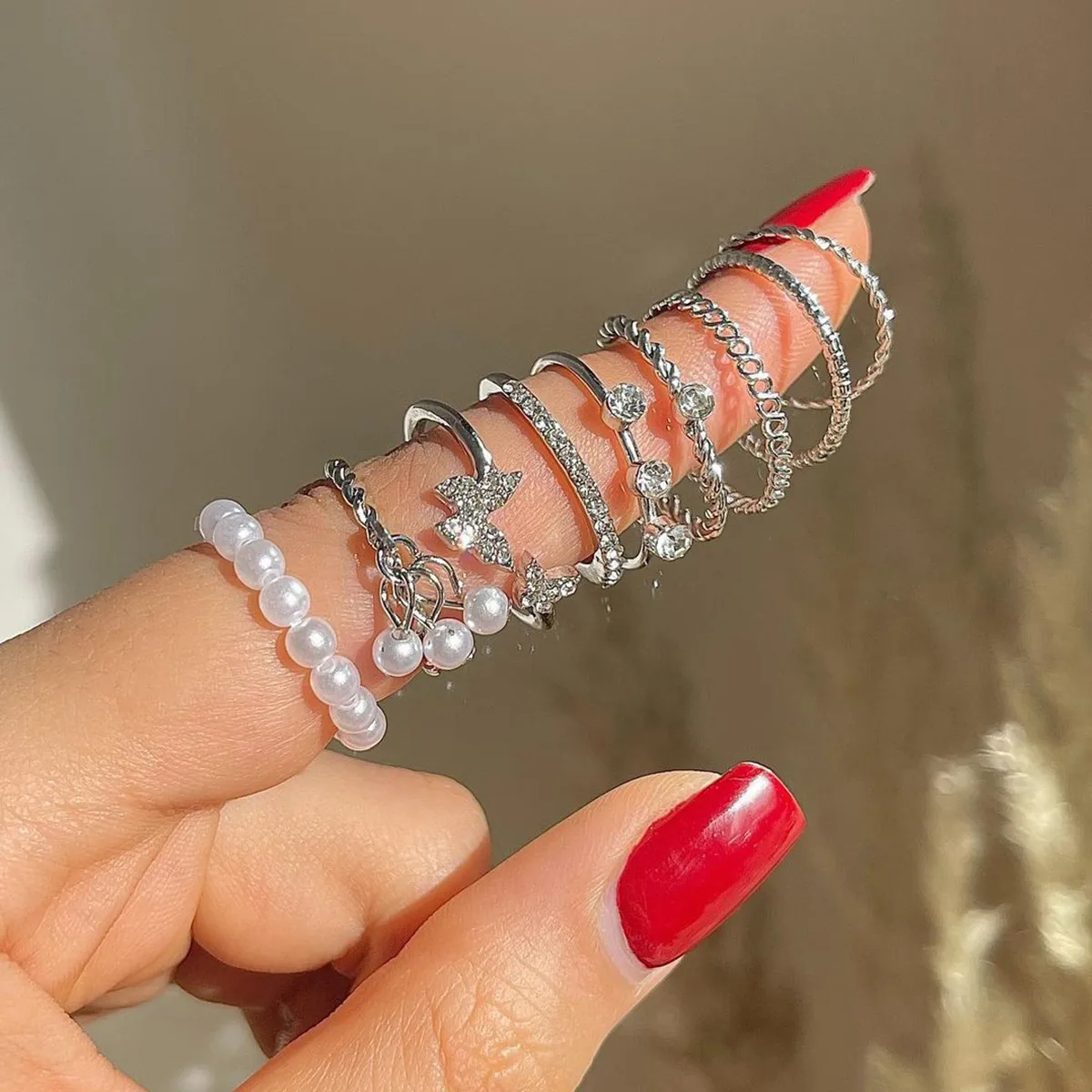 9 Pieces Elegant Silver Crystal Ring Set