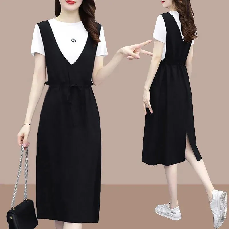 Casual Black Color Drawstring Closure Two Piece Midi Dress