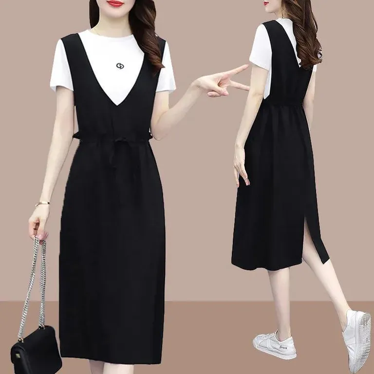 Casual Black Color Drawstring Closure Two Piece Midi Dress