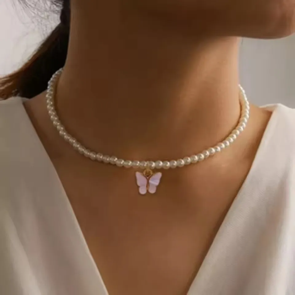 Pearl Butterfly Pendant Chain Necklace