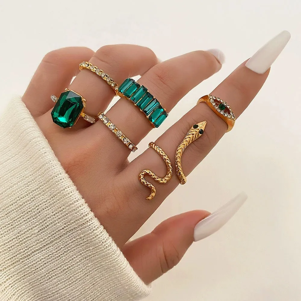 Green Crystal Snake Ring Set