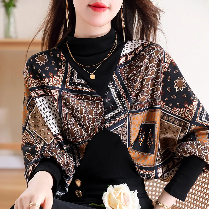 Stylish Multi Design Pattern High Neck Long Sleeve Blouse Top