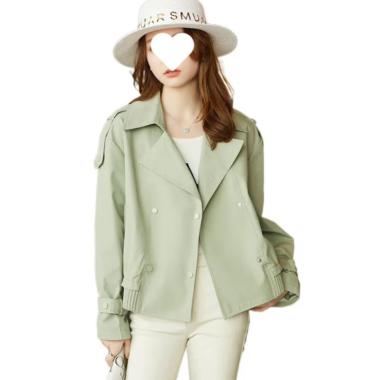 Thumbnail of Casual Light Green Lapel Neck Button-Up Windbreaker Women's Jacket