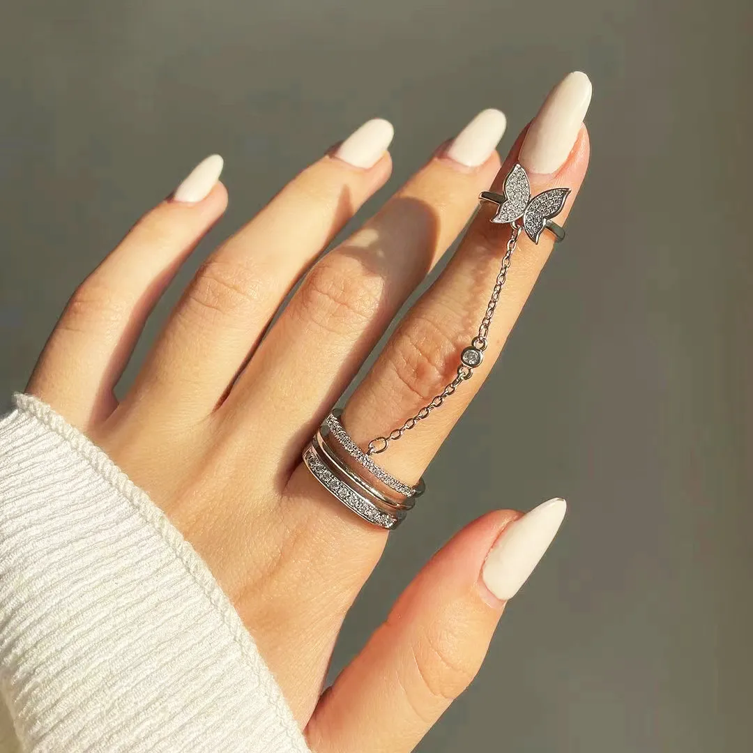 Silver Cross Chain Crystal Ring Set