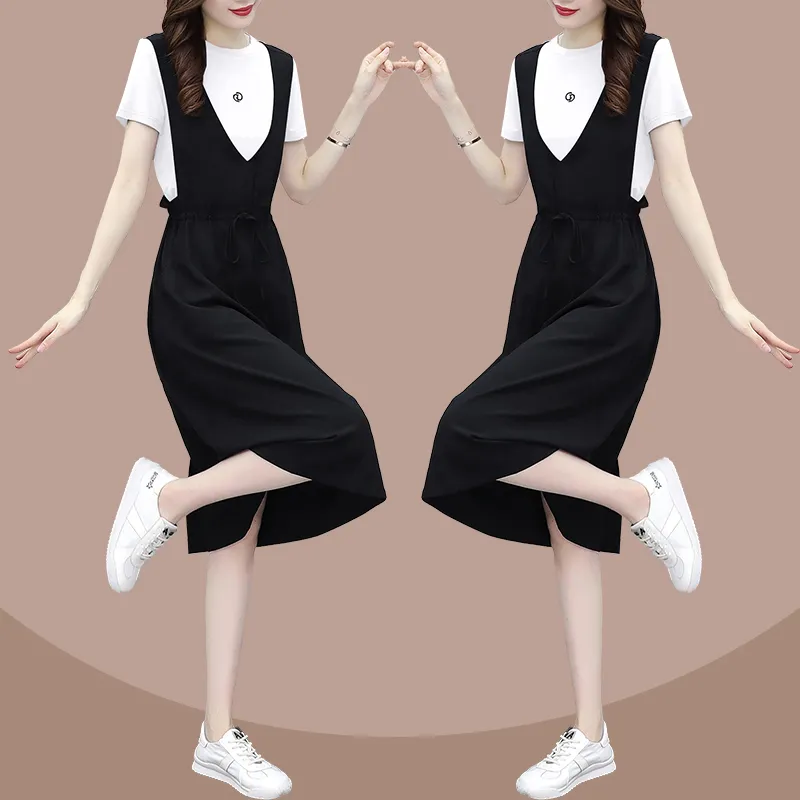 Casual Black Color Drawstring Closure Two Piece Midi Dress