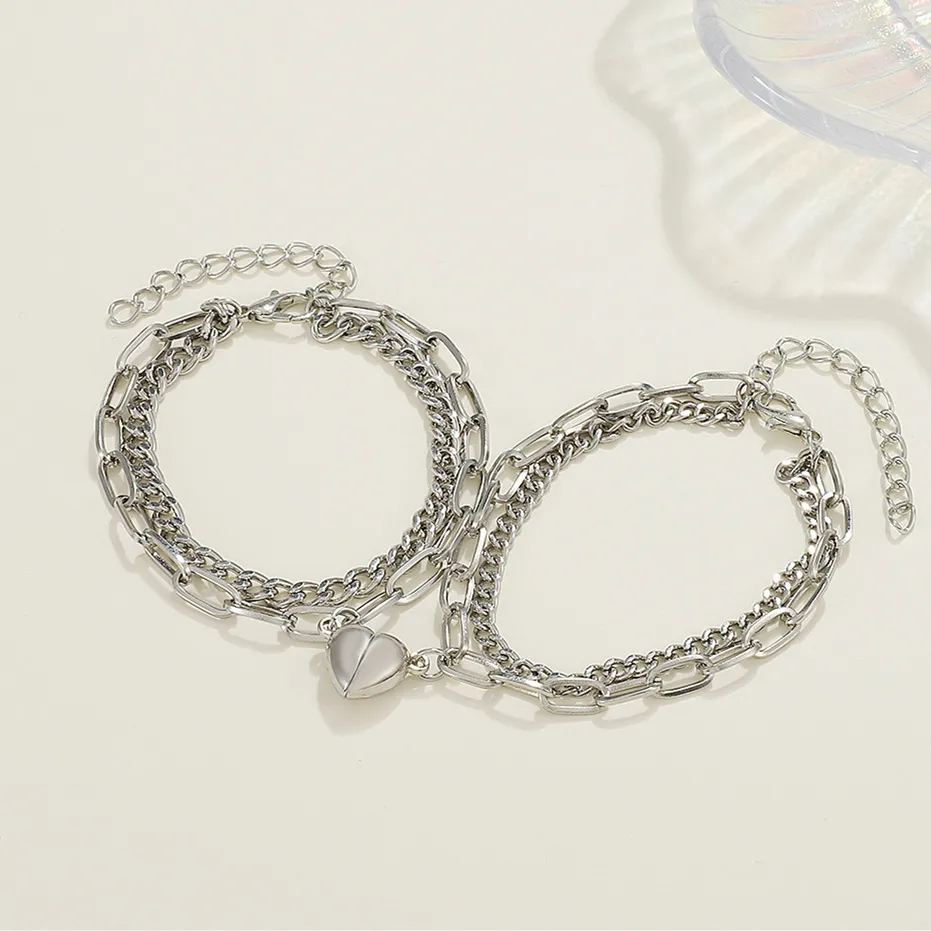 2 Piece Silver Heart Friendship Bracelet Set