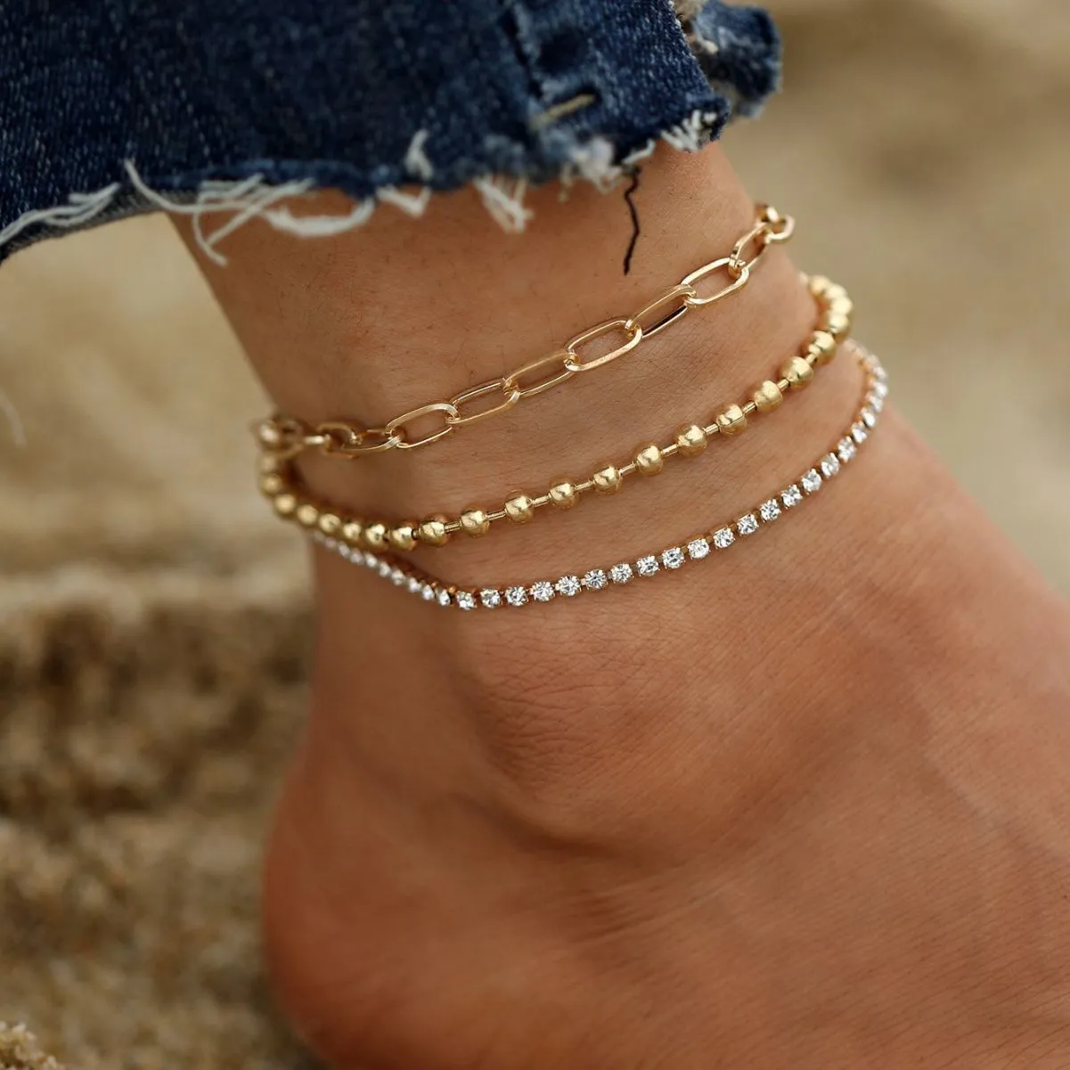 Golden Crystal Braided Chain Anklet