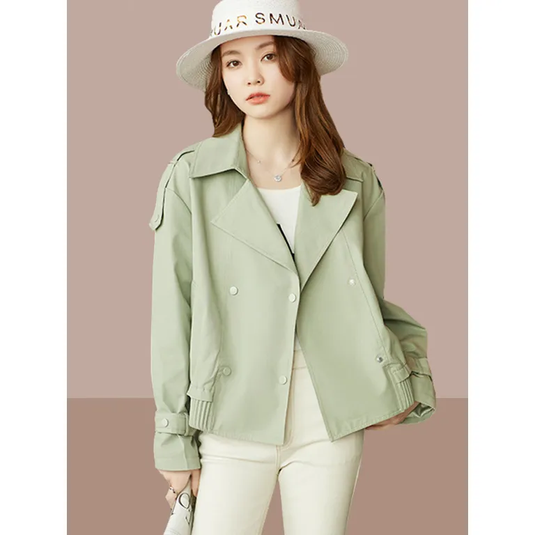 Thumbnail of Casual Light Green Lapel Neck Button-Up Windbreaker Women's Jacket