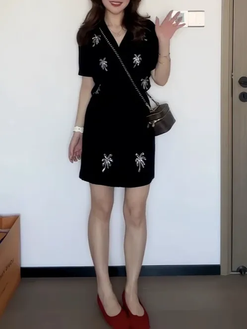 Black Ribbed Knit Co-ord Set Palm Tree Design