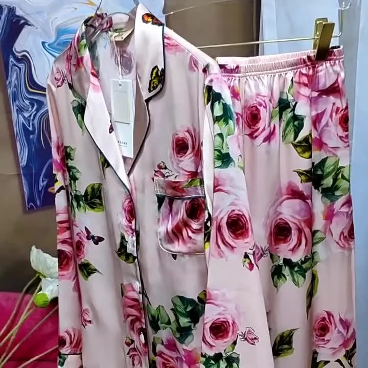 Thumbnail of Pink Rose Floral Satin Silk  Night Sleepwear Pajama Set