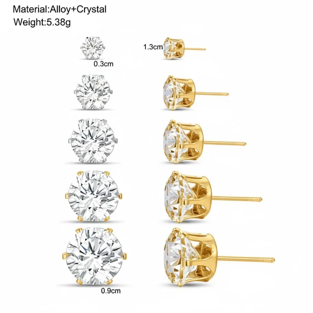 5 Pairs Gold Tone Crystal Stud Earrings Set