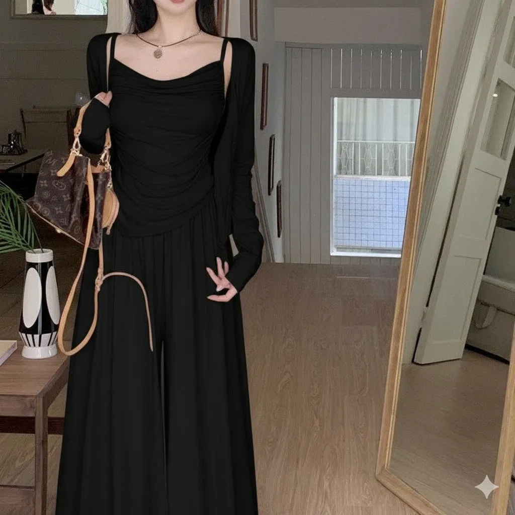 طقم من 3 قطع توب بثنيات وكارديجان وبنطلون واسع