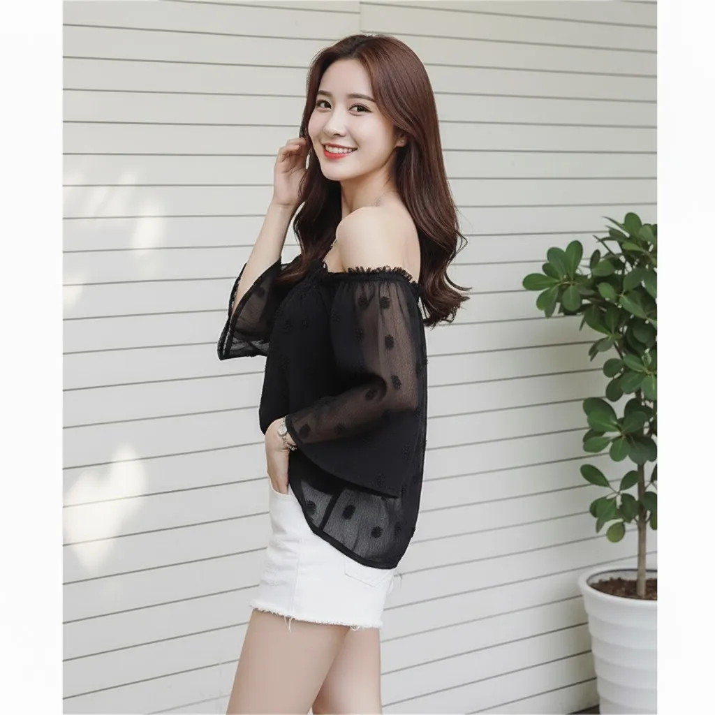 Thumbnail of Chiffon Square Neck Sling Off Shoulder Blouse