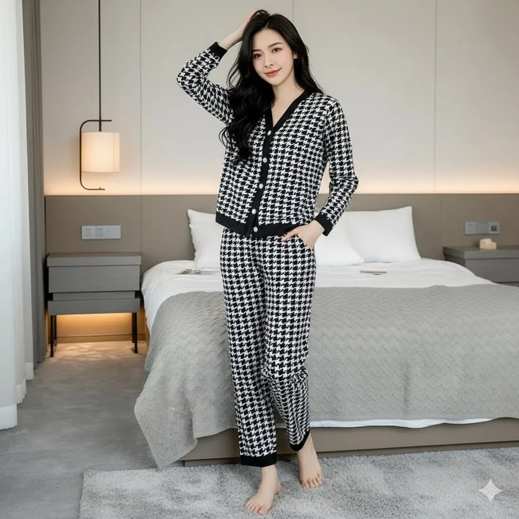 Houndstooth Long-Sleeve Pajamas Set