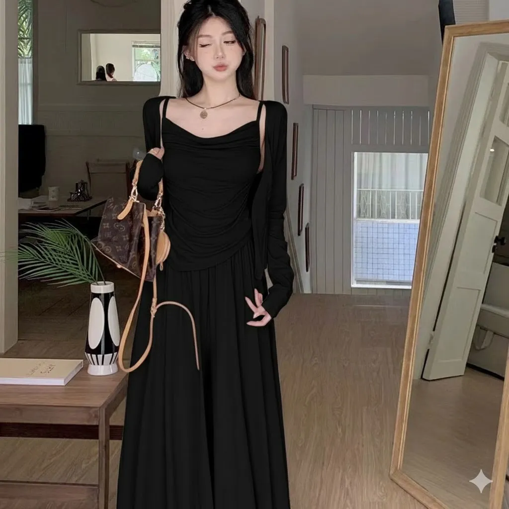 طقم من 3 قطع توب بثنيات وكارديجان وبنطلون واسع