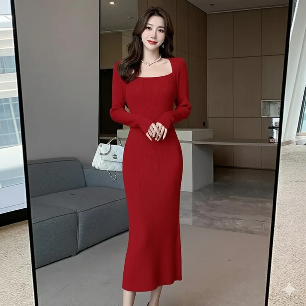 Thumbnail of Square Neck Long Sleeve Ribbed Knit Dress