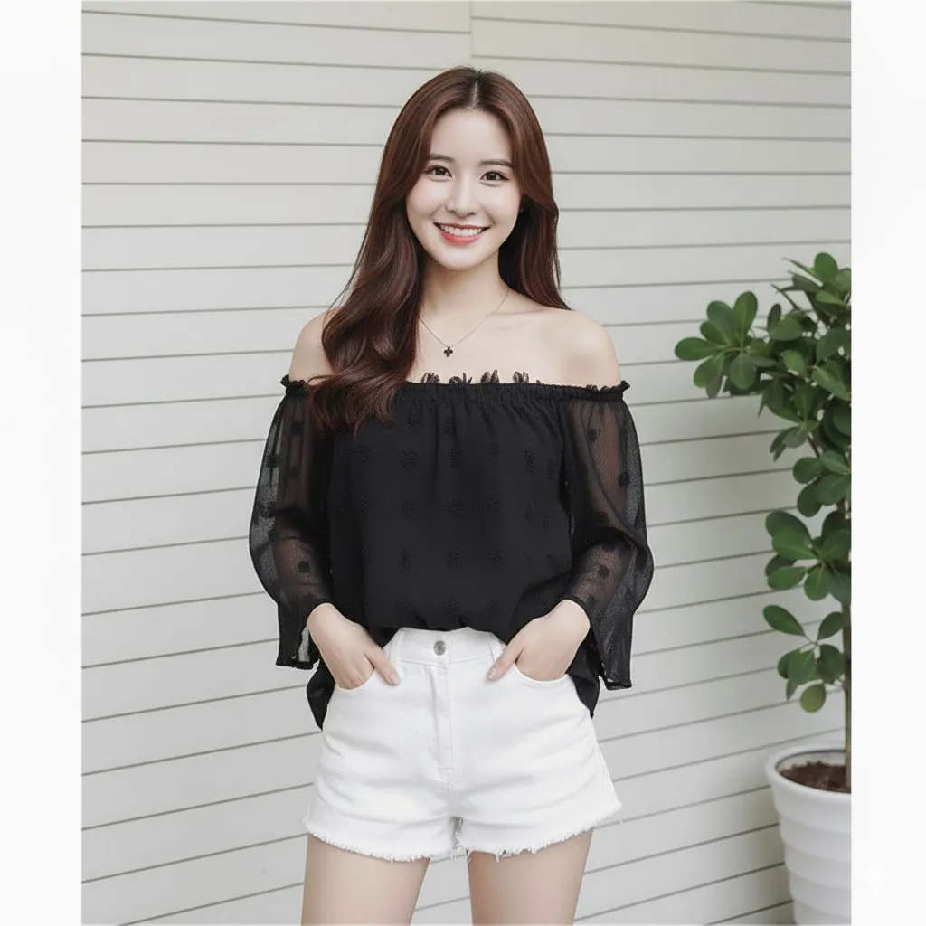Thumbnail of Chiffon Square Neck Sling Off Shoulder Blouse