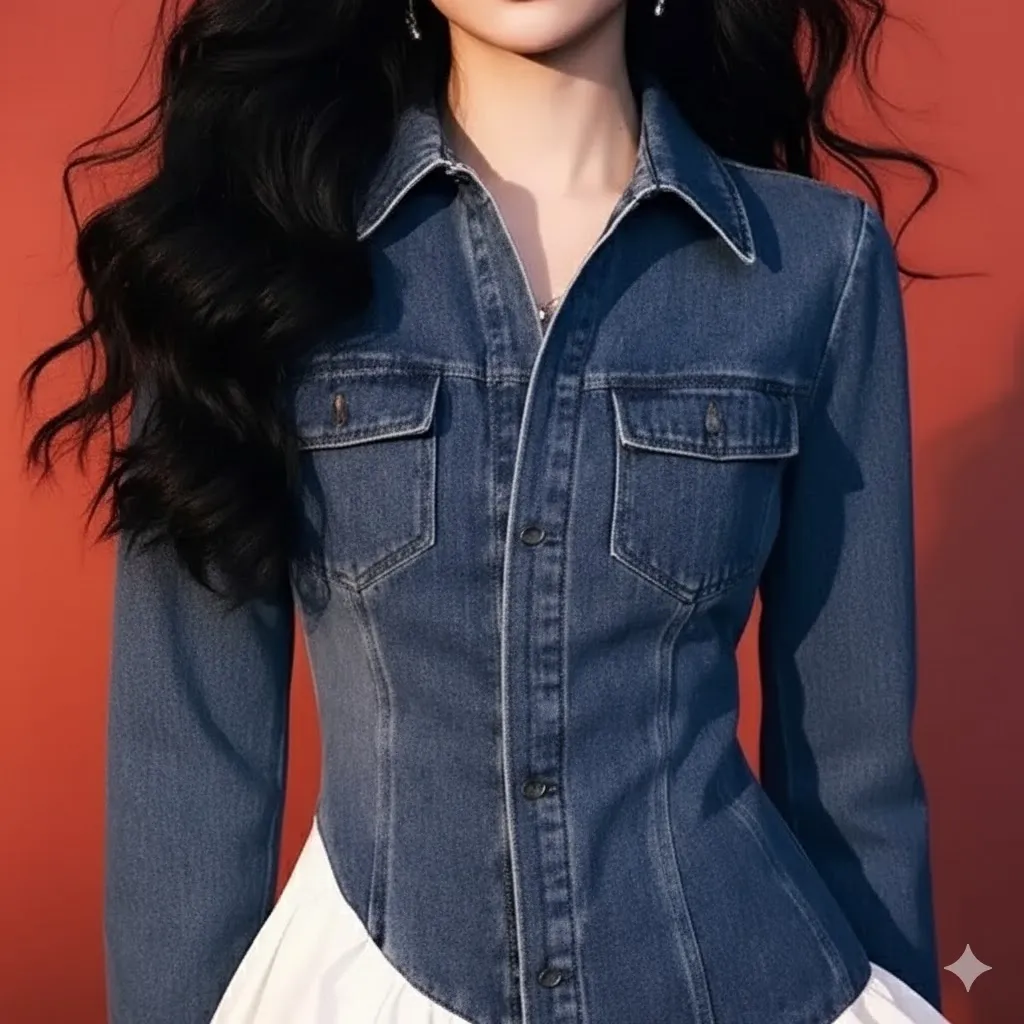 Thumbnail of Denim Jacket Style Women Formal Wear Mini White Ruffle Dress