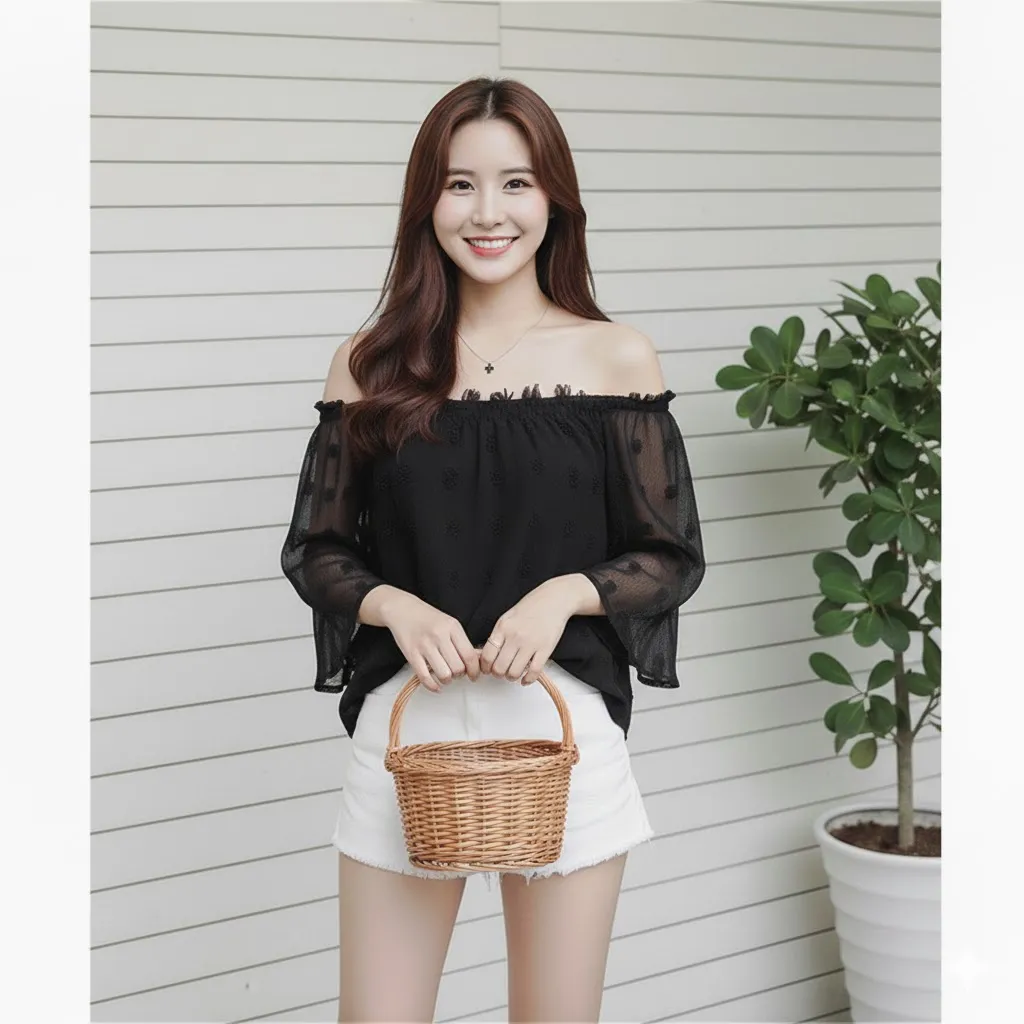 Thumbnail of Chiffon Square Neck Sling Off Shoulder Blouse