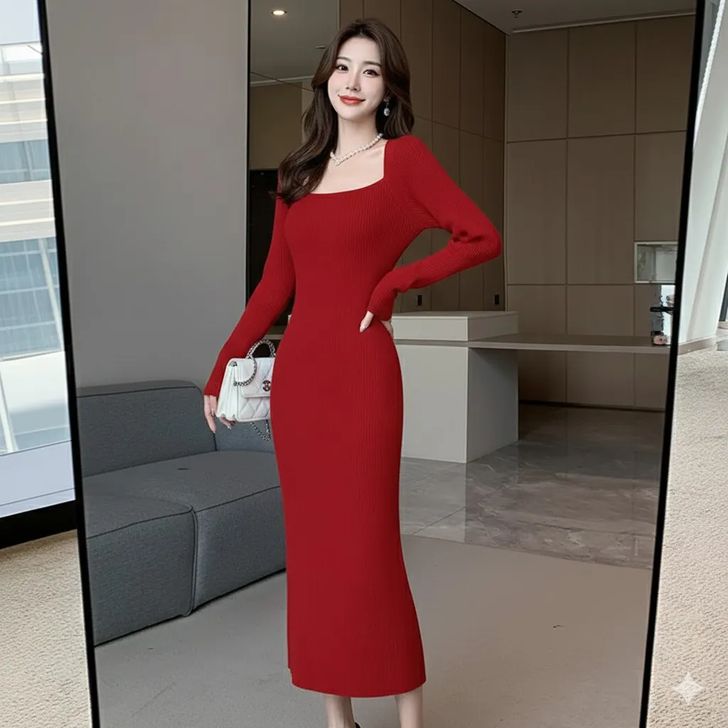 Thumbnail of Square Neck Long Sleeve Ribbed Knit Dress