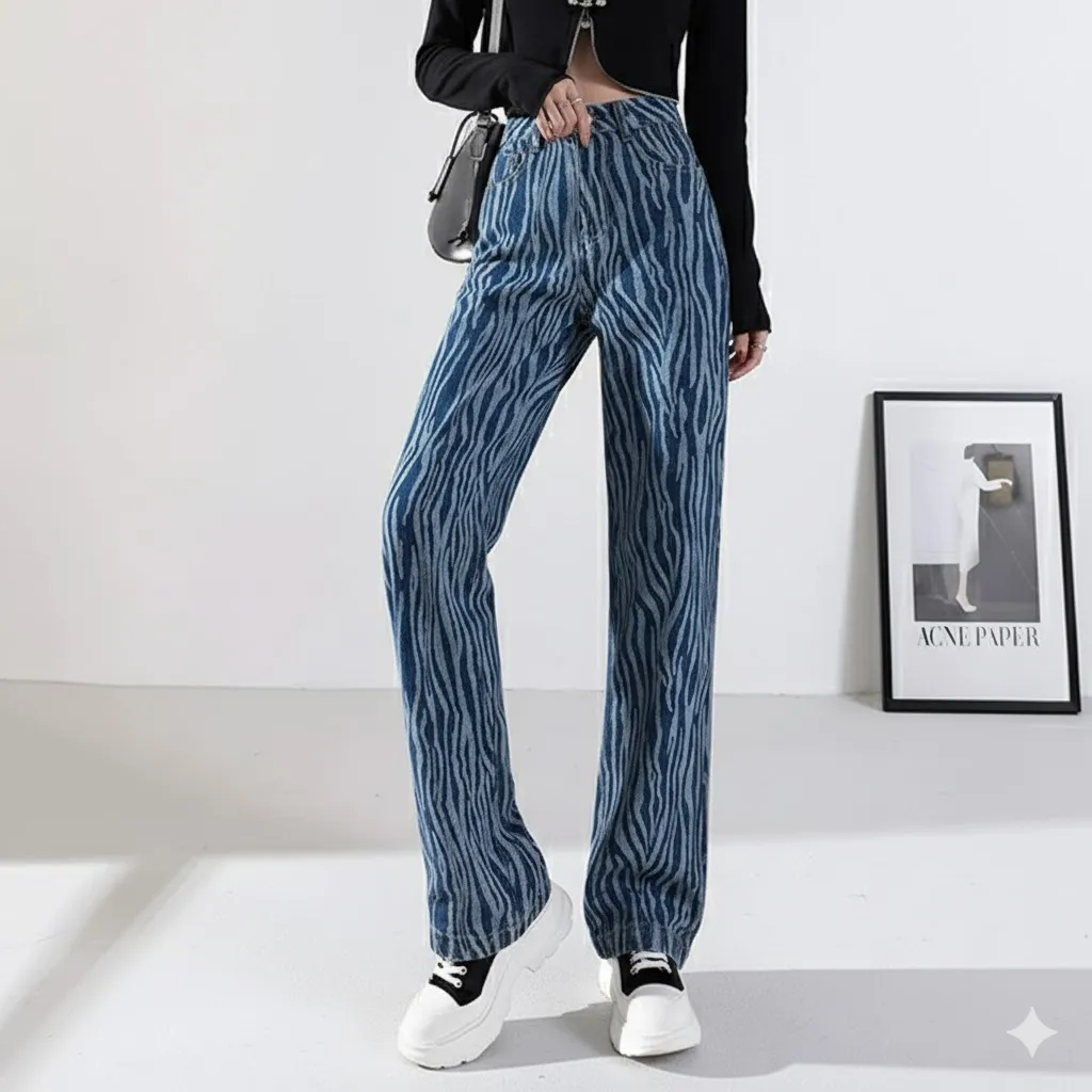 Trendy Zebra Print Wide Leg Jeans - Women's High Waist Denim