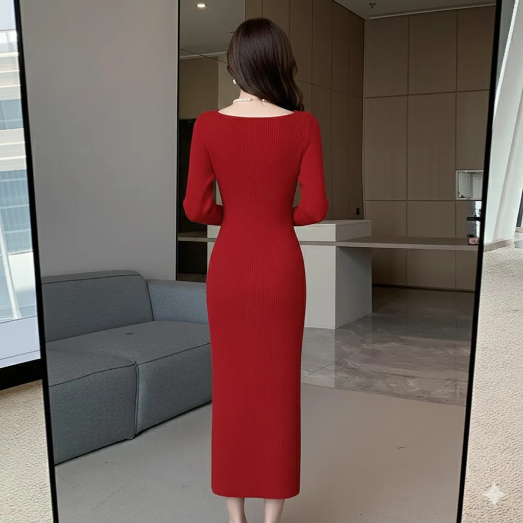 Square Neck Long Sleeve Ribbed Knit Dress