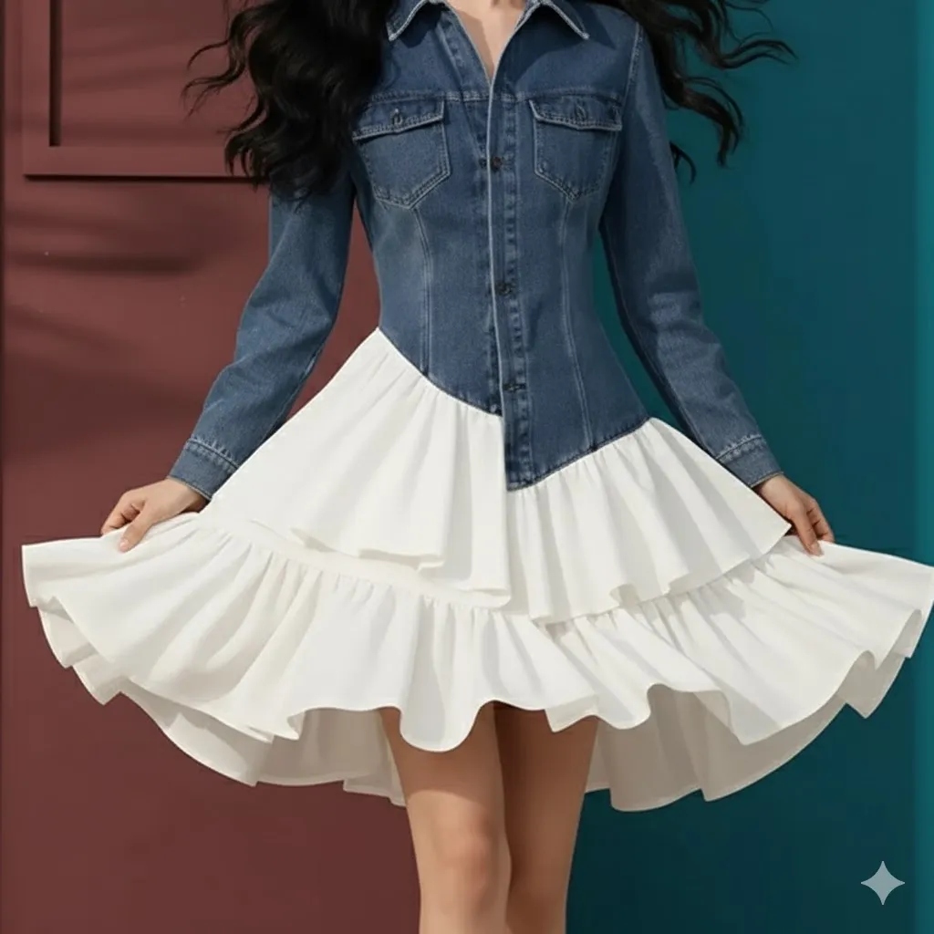 Denim Jacket Style Women Formal Wear Mini White Ruffle Dress