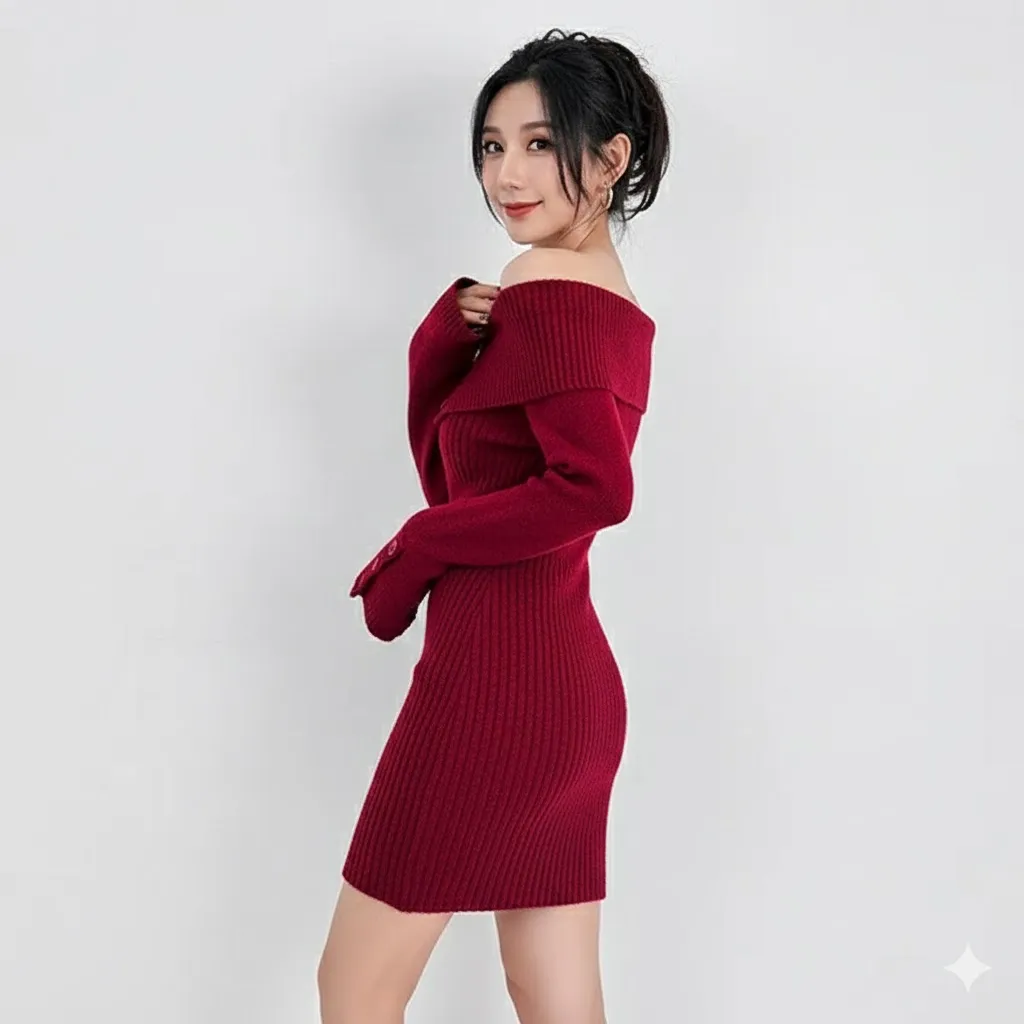 Stylish Off-Shoulder Ribbed Knit Bodycon Mini Dress