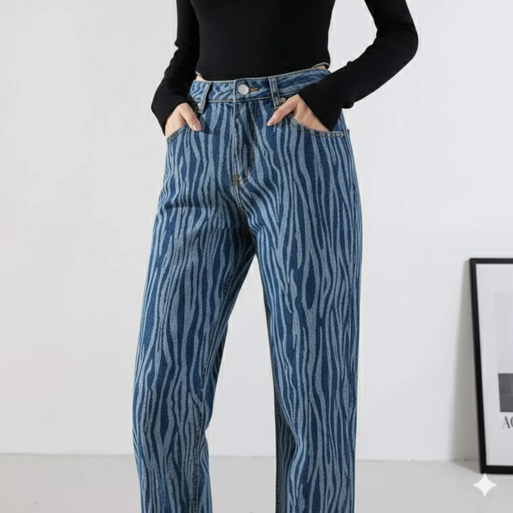 Thumbnail of Trendy Zebra Print Wide Leg Jeans - Women's High Waist Denim