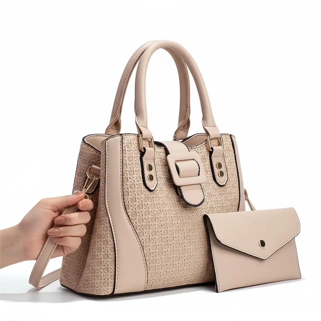 Textured Woven Style Handbag and Pouch Set
