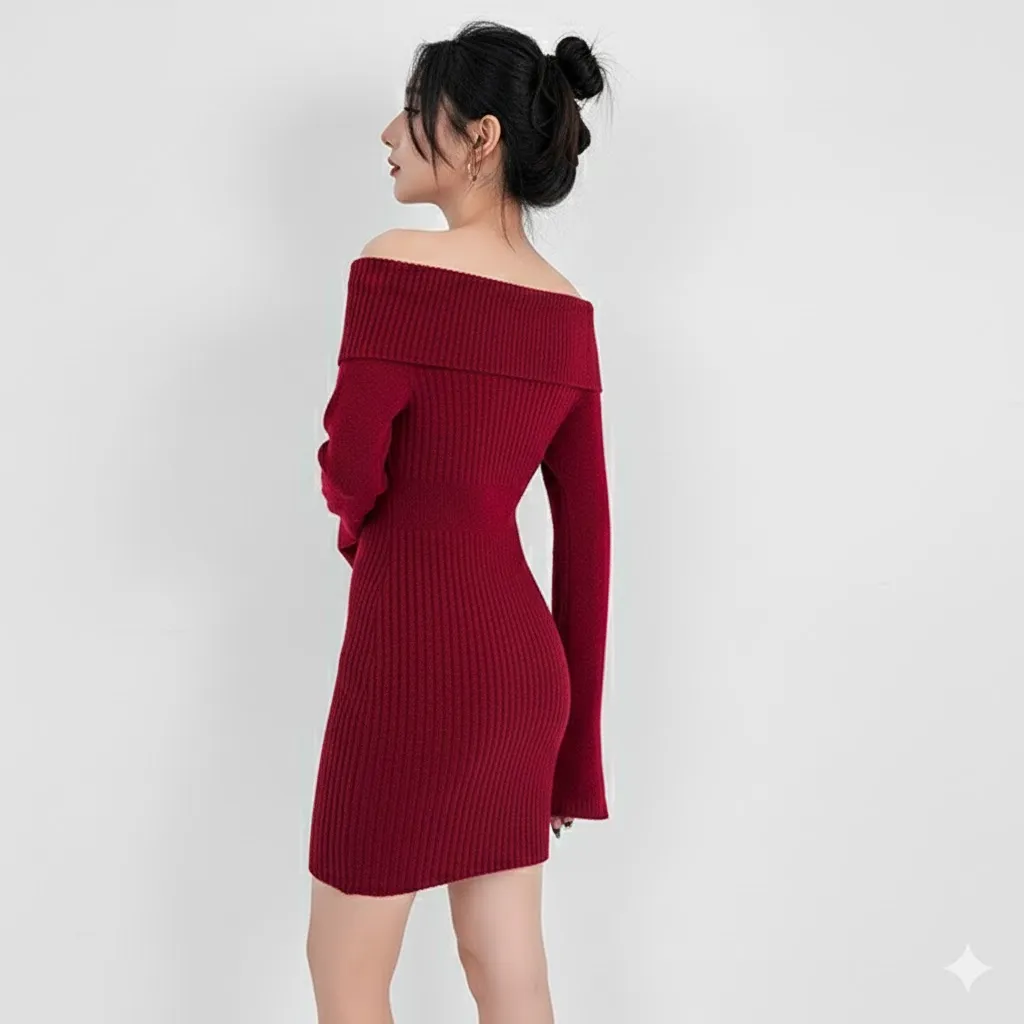 Thumbnail of Stylish Off-Shoulder Ribbed Knit Bodycon Mini Dress