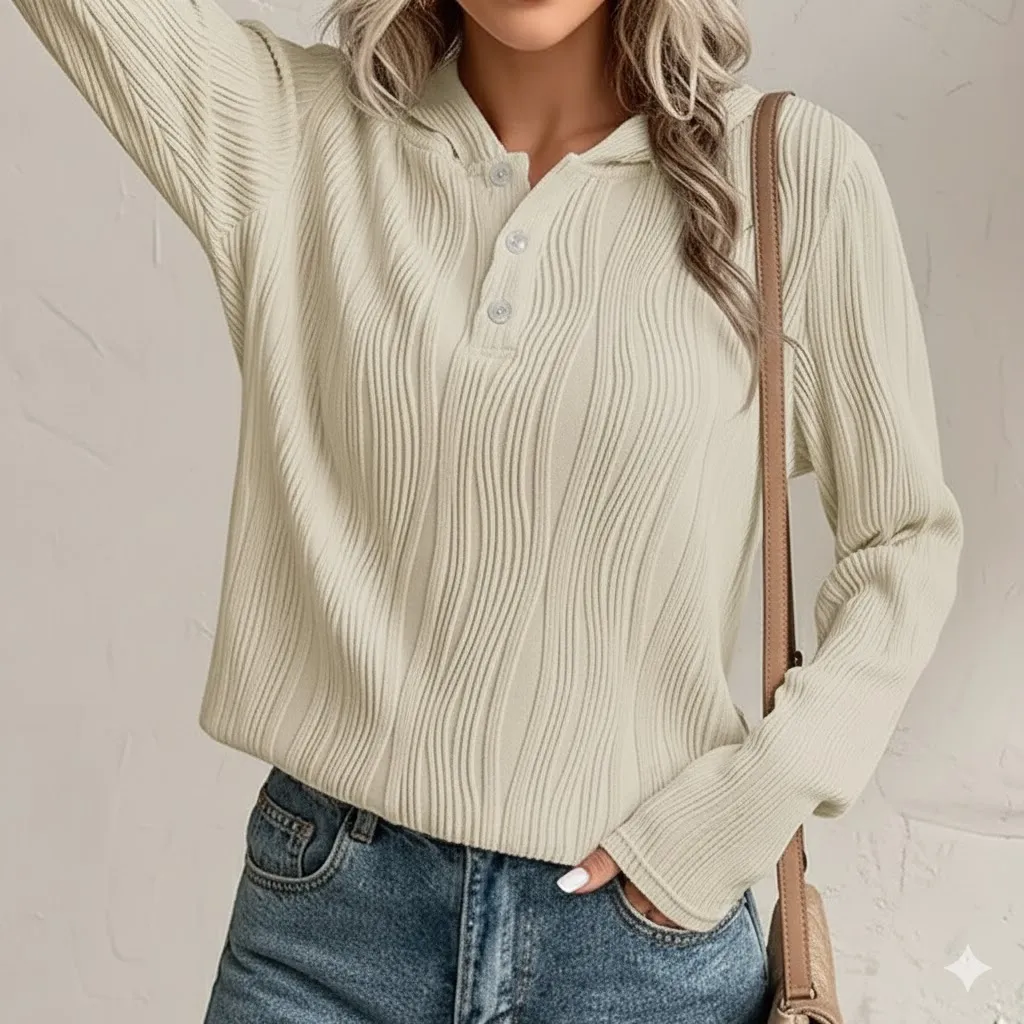 Casual Ribbed Button-Up Long Sleeve Winter Wear Hoodie For Women