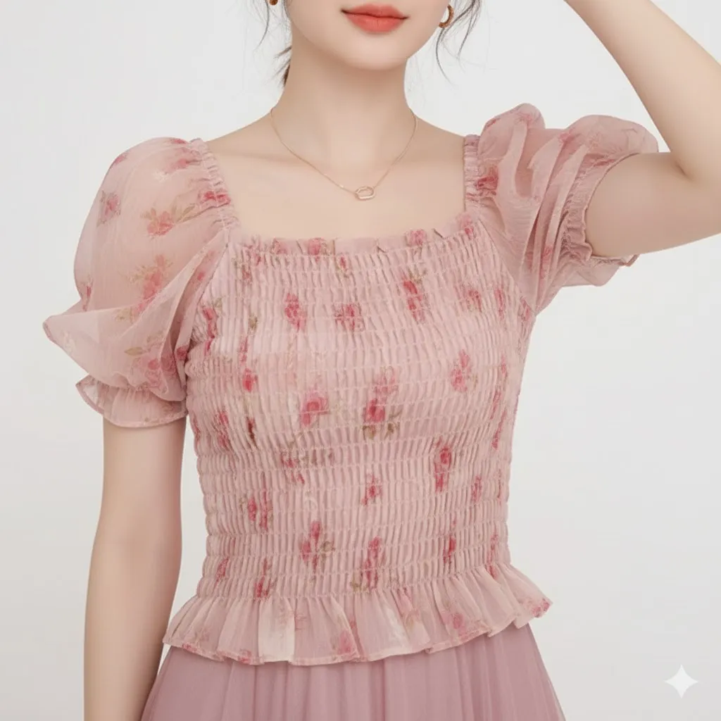 Thumbnail of Elegant Pink Floral Smocked Top & Flowy Skirt Set - Women's Co-ord